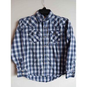 Wrangler 20X Boys Medium Blue & White Plaid Western Shirt 10/12